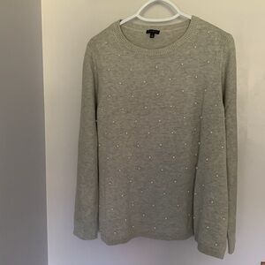 Talbots Grey Pullover‎ Crew Sweater Cotton blend Large Faux Pearls cozy Soft